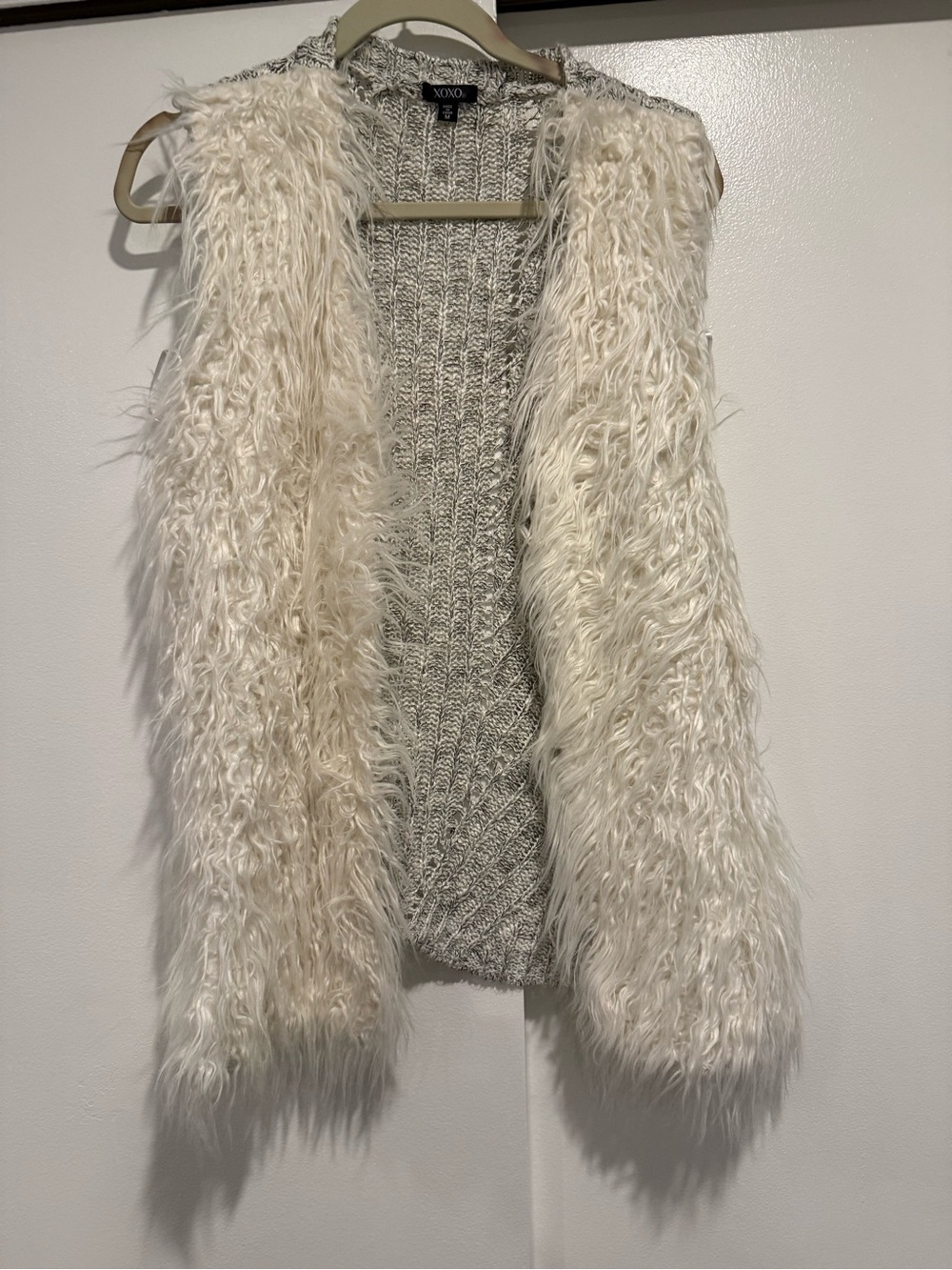 XOXO Cream and Black Knit Open faux fur vest size medium